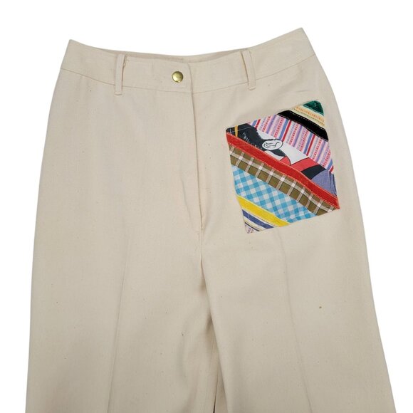 WENJILLI Vintage 70s 2pc Set 5/6 Beige Patchwork Snap Button Shirt Pants Hippie - Picture 7 of 16